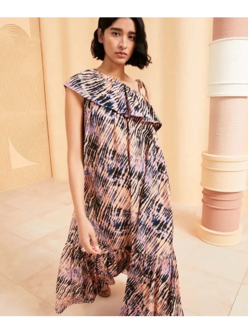 Ulla Johnson M One-Shoulder Ruffle Maxi Dress in Blush, Black & Blue Abstract